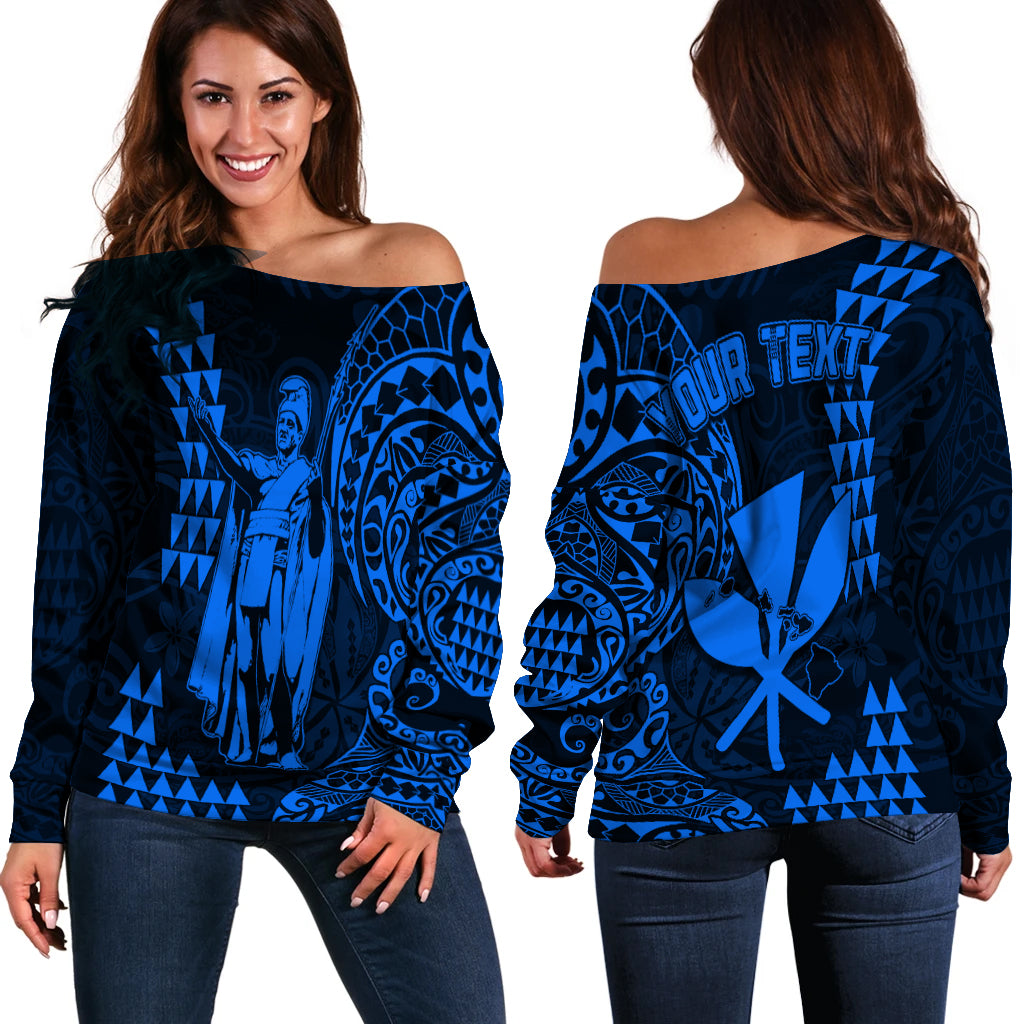 (Custom Personalised) Hawaii Day Kakau Off Shoulder Sweater Proud To Be Hawaiian Blue King Kamehameha and Kanaka Maoli LT13
