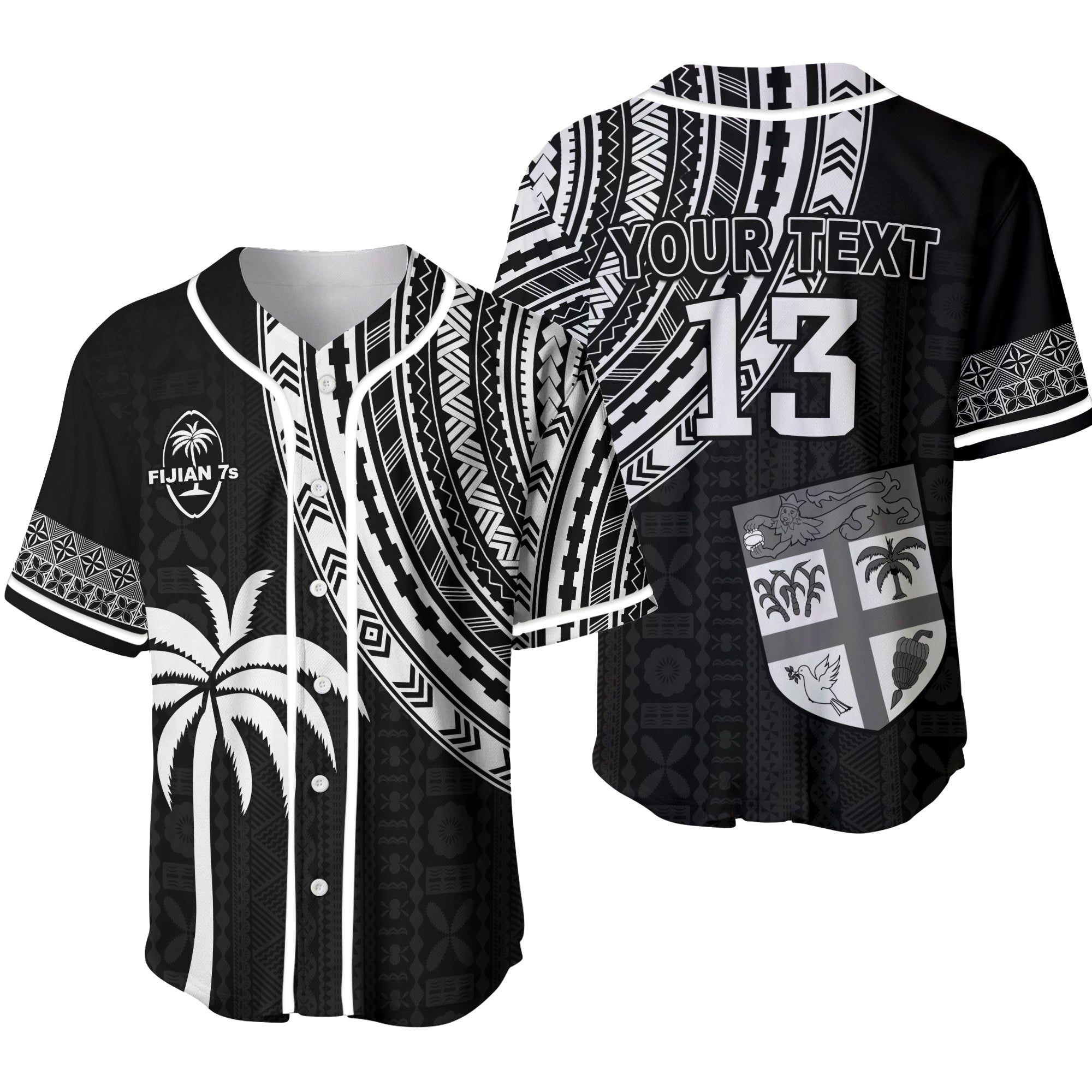 (Custom Personalised) Fiji Rugby Sevens Baseball Jersey Fijian 7s Tapa Polynesian - Custom Text and Number LT13