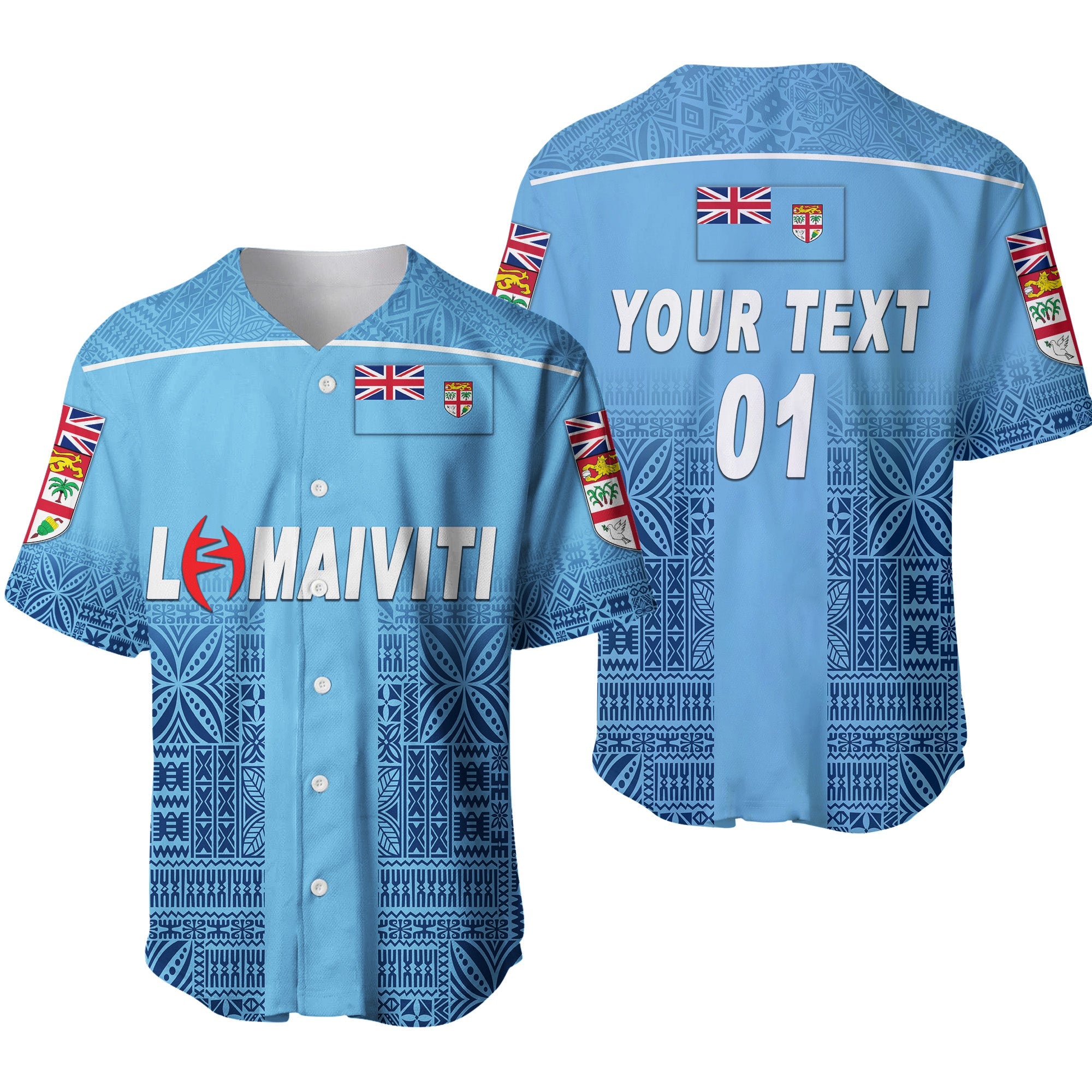 (Custom Personalised) Fiji Lomaiviti Rugby Baseball Jersey Simple Vibes - Full Blue, Custom Text And Number LT8