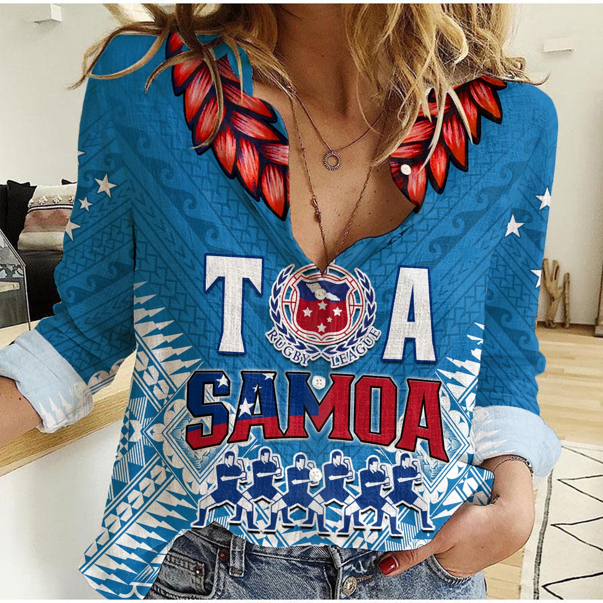 (Custom Personalise Text and Number) Toa Samoa Rugby Women Casual Shirt Manu Siva Tau Style Ulafala LT13